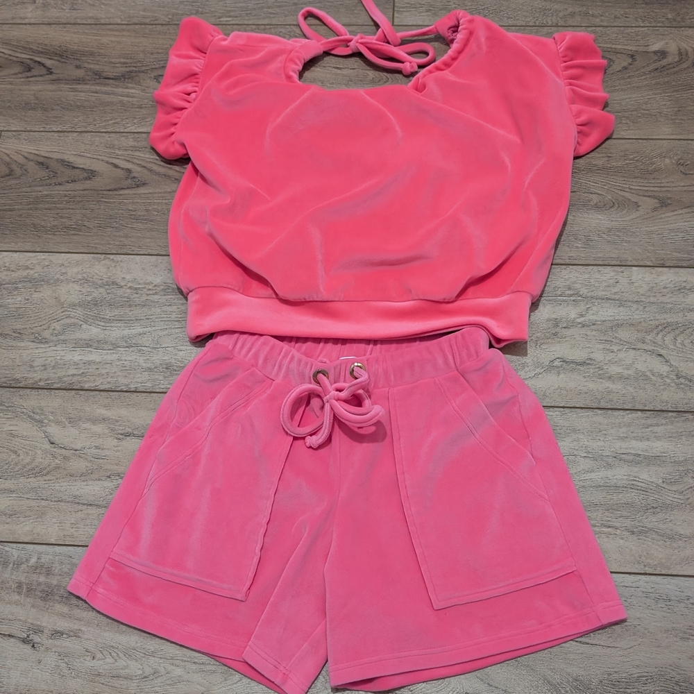 Women’s Pink Velour Hoodie Crop Top & Shorts Set